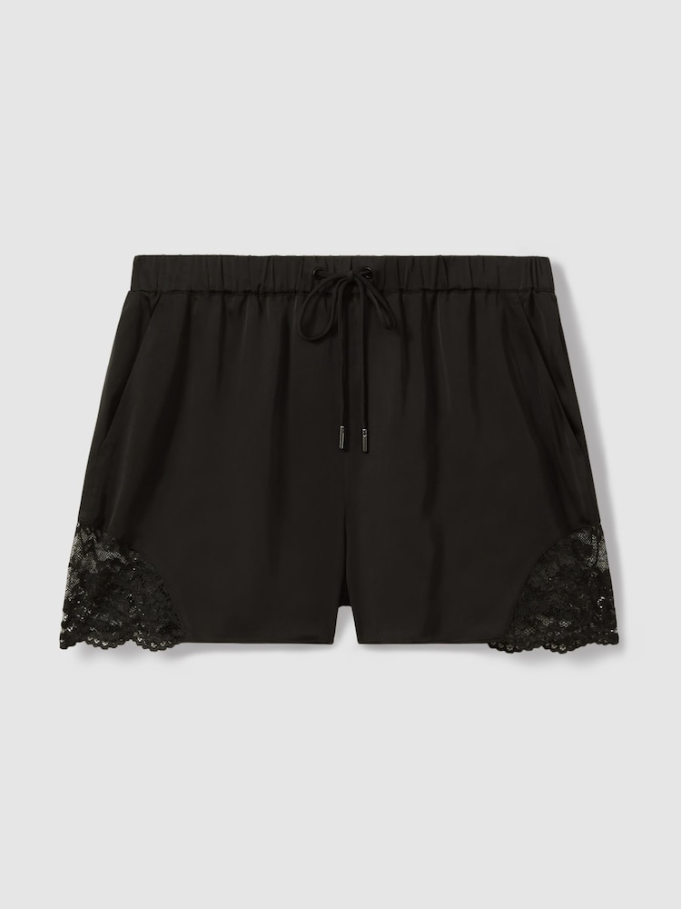 Reiss Black Clarissa Viscose Satin Lace Trim Shorts - Image 2 of 6