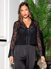Pour Moi Black Lace Mollie Long Sleeve Cover Up Top - Image 2 of 4