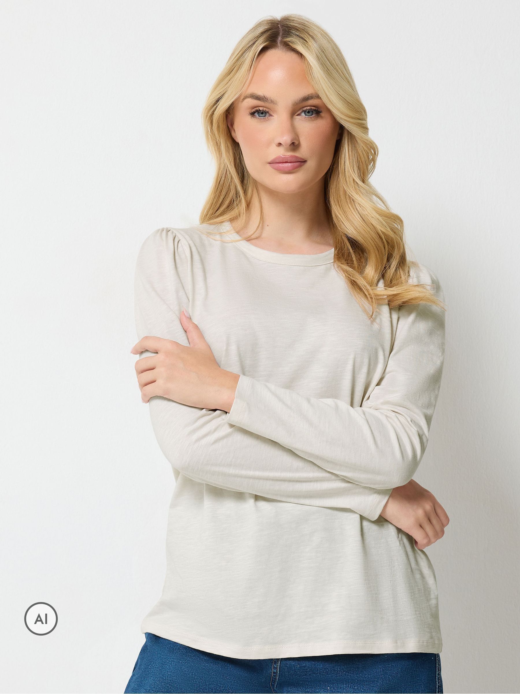 M & Co Women's White Puff Sleeve Cotton Long Sleeve Top