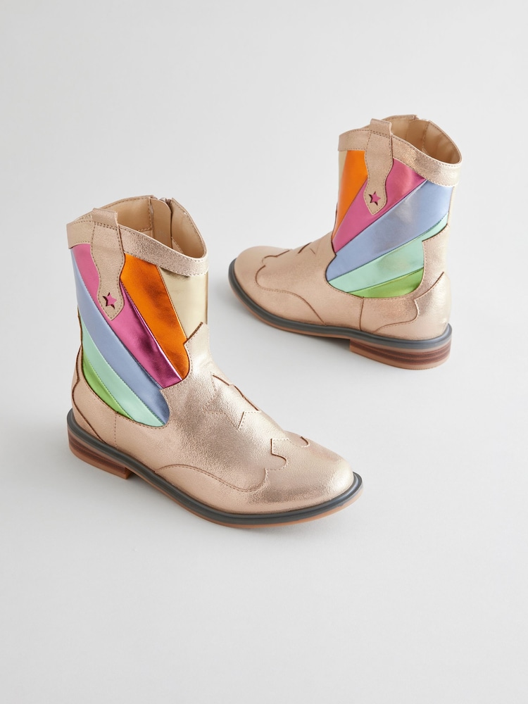Little Bird by Jools Oliver Gold Rainbow Striped Metallic Western Boots - Image 2 of 5