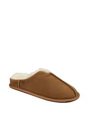 Dunlop Brown Mens Real Suede Faux Fur Lined Closed Toe Mule Slippers - Image 1 of 4