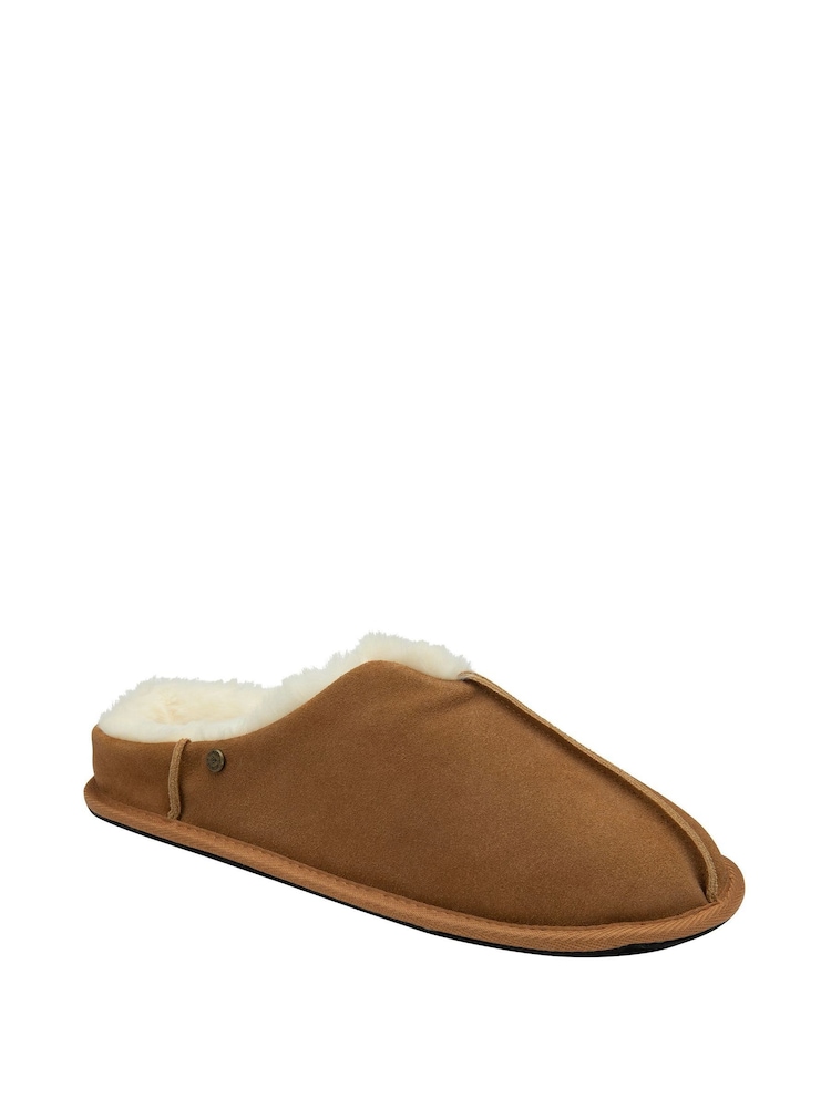 Dunlop Brown Mens Real Suede Faux Fur Lined Closed Toe Mule Slippers - Image 1 of 4