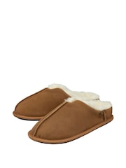 Dunlop Brown Mens Real Suede Faux Fur Lined Closed Toe Mule Slippers - Image 2 of 4