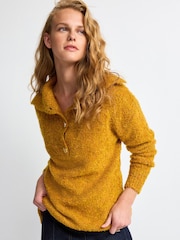 Ochre Yellow Bouclé Button Neck Jumper - Image 1 of 6