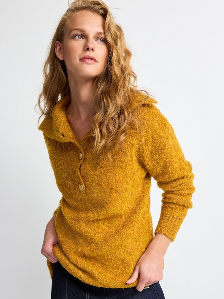 Ochre Yellow Bouclé Button Neck Jumper - Image 1 of 6
