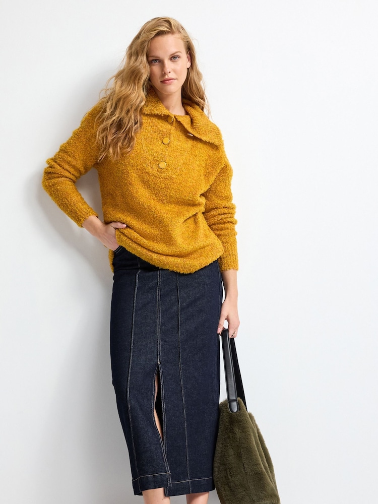 Ochre Yellow Bouclé Button Neck Jumper - Image 2 of 6