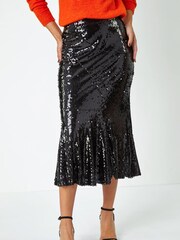 Roman Black Sequin Fit and Flare Fluted Skirt - Image 1 of 5