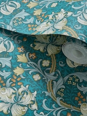 Morris & Co Teal Blue Golden Lily 10.05M Wallpaper - Image 2 of 2