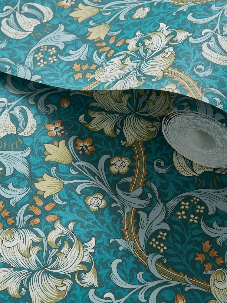 Morris & Co Teal Blue Golden Lily 10.05M Wallpaper - Image 2 of 2