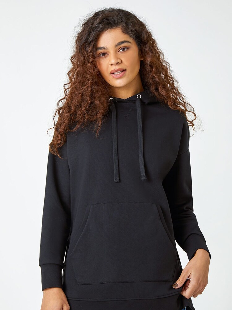 Roman Black Plain Longline Drawstring Hoodie - Image 1 of 5