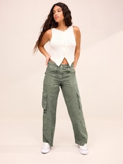 Khaki Green 100% Cotton Adjustable Waist Cargo Trousers - Image 1 of 7