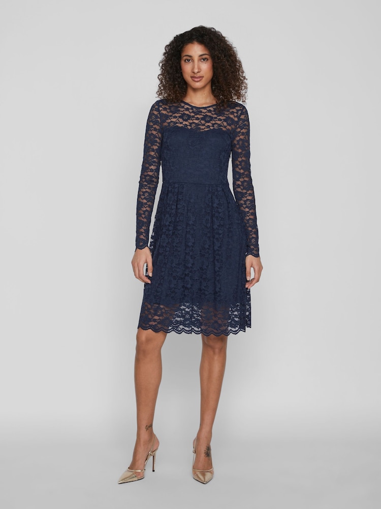 VILA Blue Long Sleeve Lace Dress - Image 1 of 5