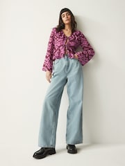 Pink/Red Tie Front Ruffle Long Sleeve Blouse - Image 1 of 5