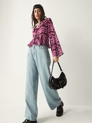 Pink/Red Tie Front Ruffle Long Sleeve Blouse - Image 2 of 5
