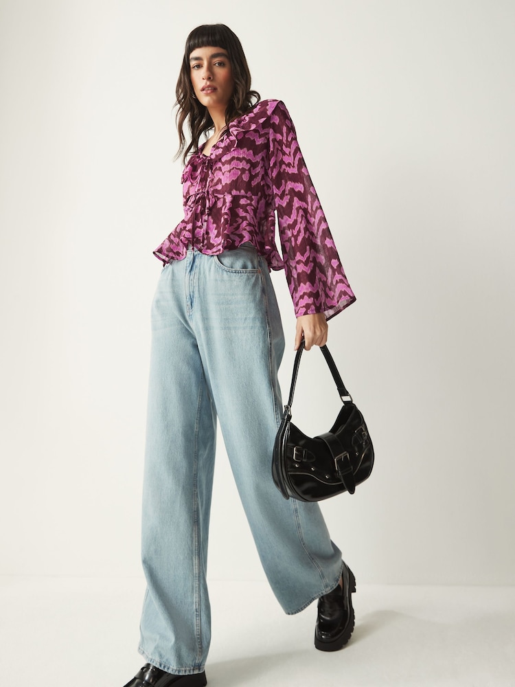 Pink/Red Tie Front Ruffle Long Sleeve Blouse - Image 2 of 5