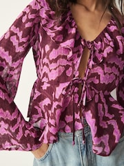 Pink/Red Tie Front Ruffle Long Sleeve Blouse - Image 3 of 5