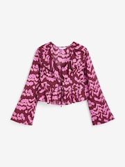 Pink/Red Tie Front Ruffle Long Sleeve Blouse - Image 4 of 5