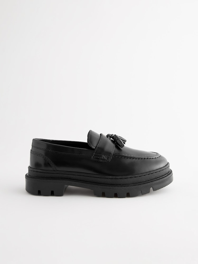 Black Leather Tassle Loafer School Shoes - Image 2 of 5