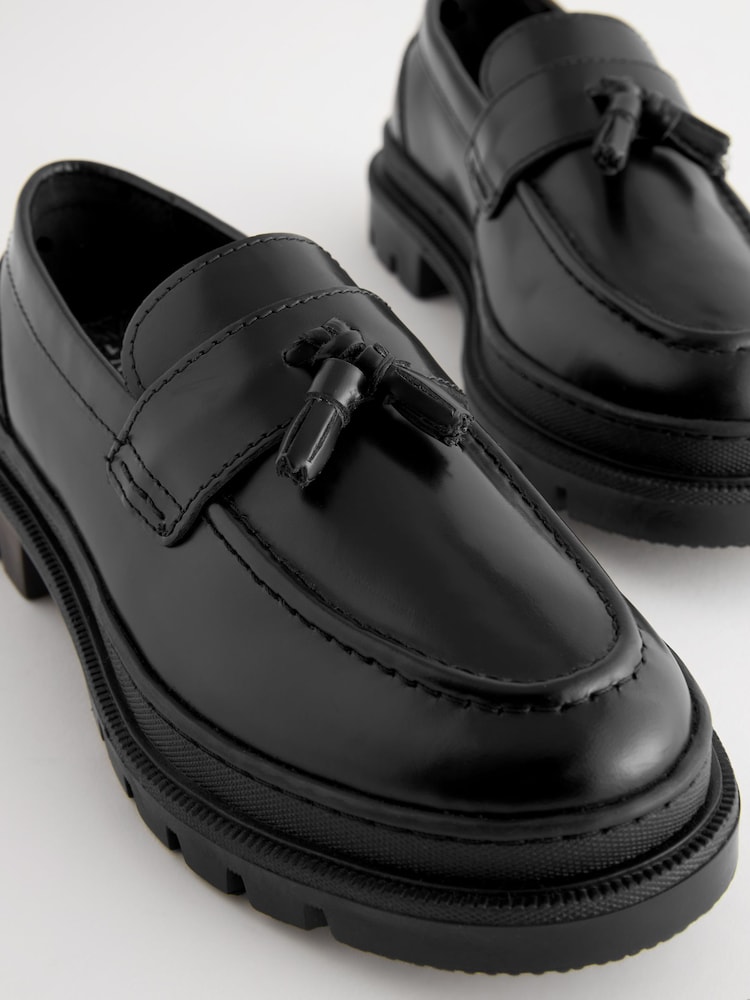 Black Leather Tassle Loafer School Shoes - Image 4 of 5