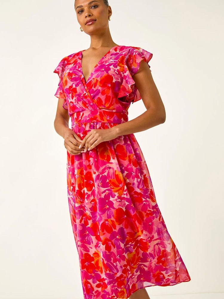 Roman Orange Floral Bias Midi Dress - Image 1 of 5