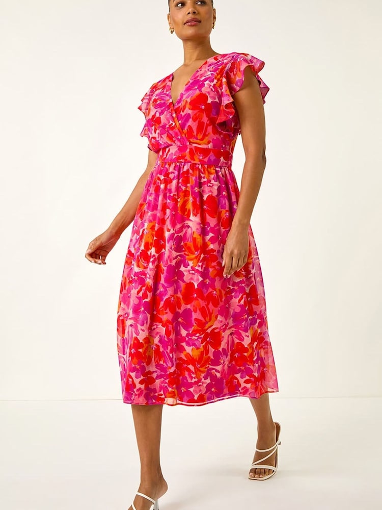 Roman Orange Floral Bias Midi Dress - Image 2 of 5