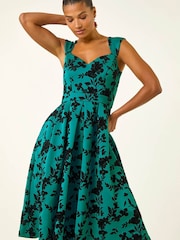 Roman Blue Glitter Floral Flocked Premium Stretch Dress - Image 1 of 5