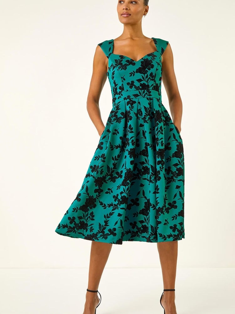 Roman Blue Glitter Floral Flocked Premium Stretch Dress - Image 2 of 5