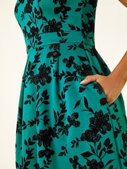 Roman Blue Glitter Floral Flocked Premium Stretch Dress - Image 5 of 5