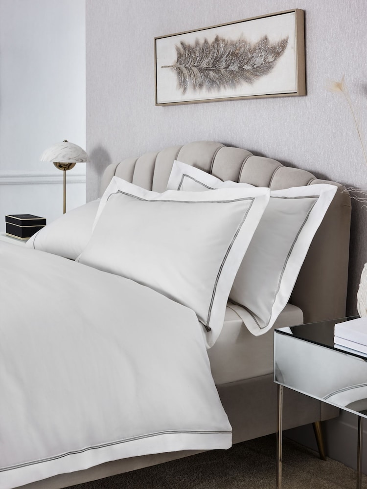 Set of 2 White/Silver Collection Luxe 600 Thread Count Embroidered Border 100% Cotton Pillowcases - Image 1 of 1