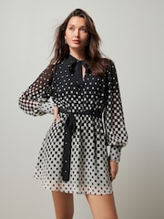 Monochrome Spot Tie Neck Belted Long Sleeve Mini Dress - Image 1 of 6