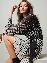 Monochrome Spot Tie Neck Belted Long Sleeve Mini Dress - Image 2 of 6