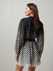 Monochrome Spot Tie Neck Belted Long Sleeve Mini Dress - Image 3 of 6
