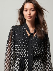 Monochrome Spot Tie Neck Belted Long Sleeve Mini Dress - Image 4 of 6