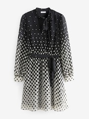 Monochrome Spot Tie Neck Belted Long Sleeve Mini Dress - Image 5 of 6