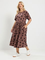 Yours Curve Brown Throw On Spot Dress - Image 2 of 6