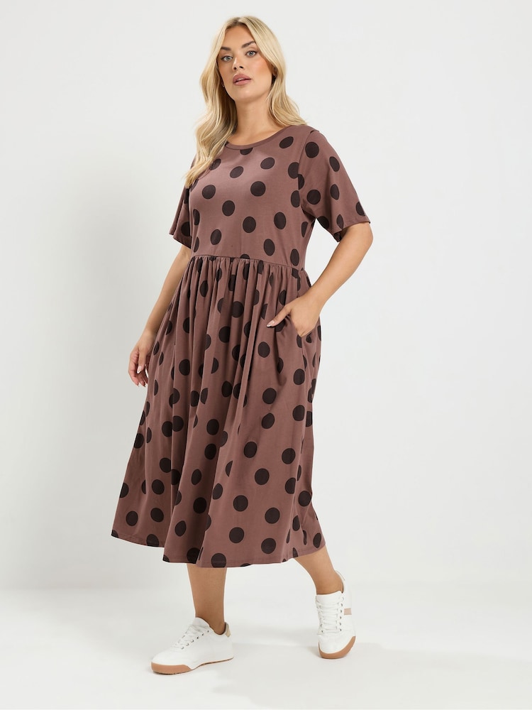 Yours Curve Brown Throw On Spot Dress - Image 2 of 6