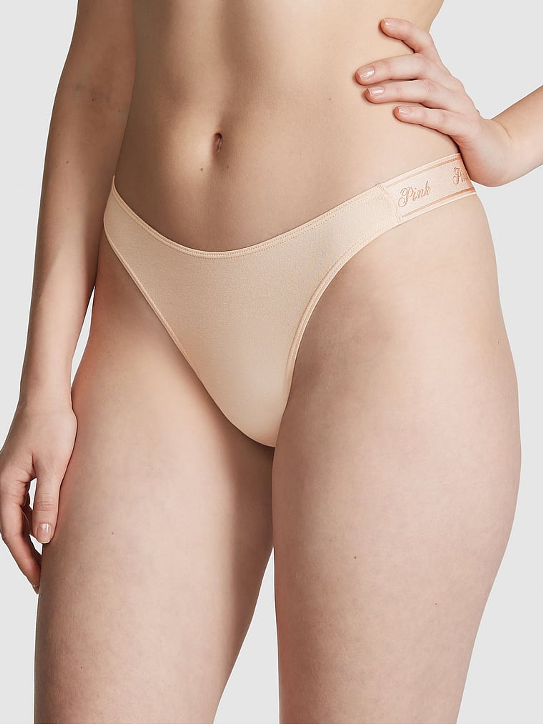Victoria's Secret PINK Marzipan Nude Thong Cotton Logo Knickers