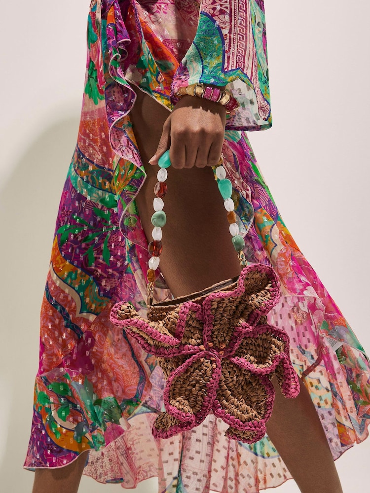 River Island Brown Del Maar Raffia Beaded Flower Shoulder Bag - Image 1 of 6