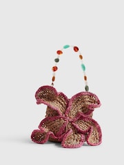 River Island Brown Del Maar Raffia Beaded Flower Shoulder Bag - Image 3 of 6