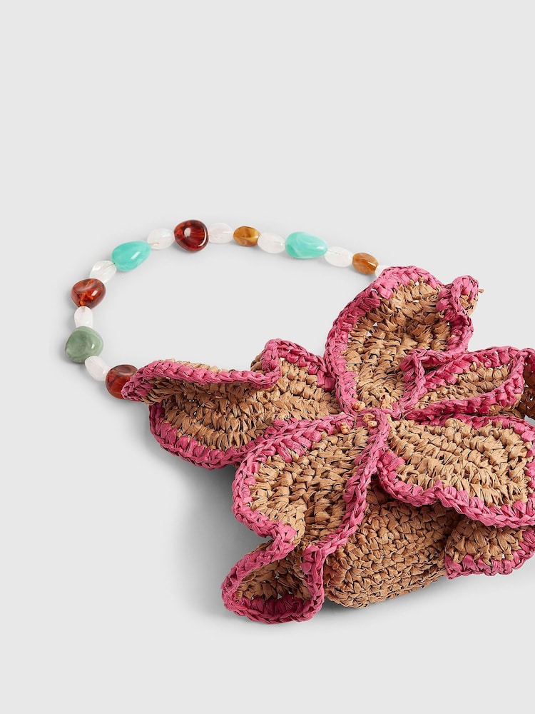 River Island Brown Del Maar Raffia Beaded Flower Shoulder Bag - Image 6 of 6