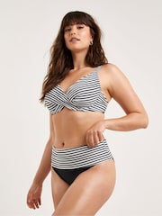 Figleaves Stripe Tailor Underwired Non Pad Wrap Plunge Black Bikini Top - Image 1 of 5