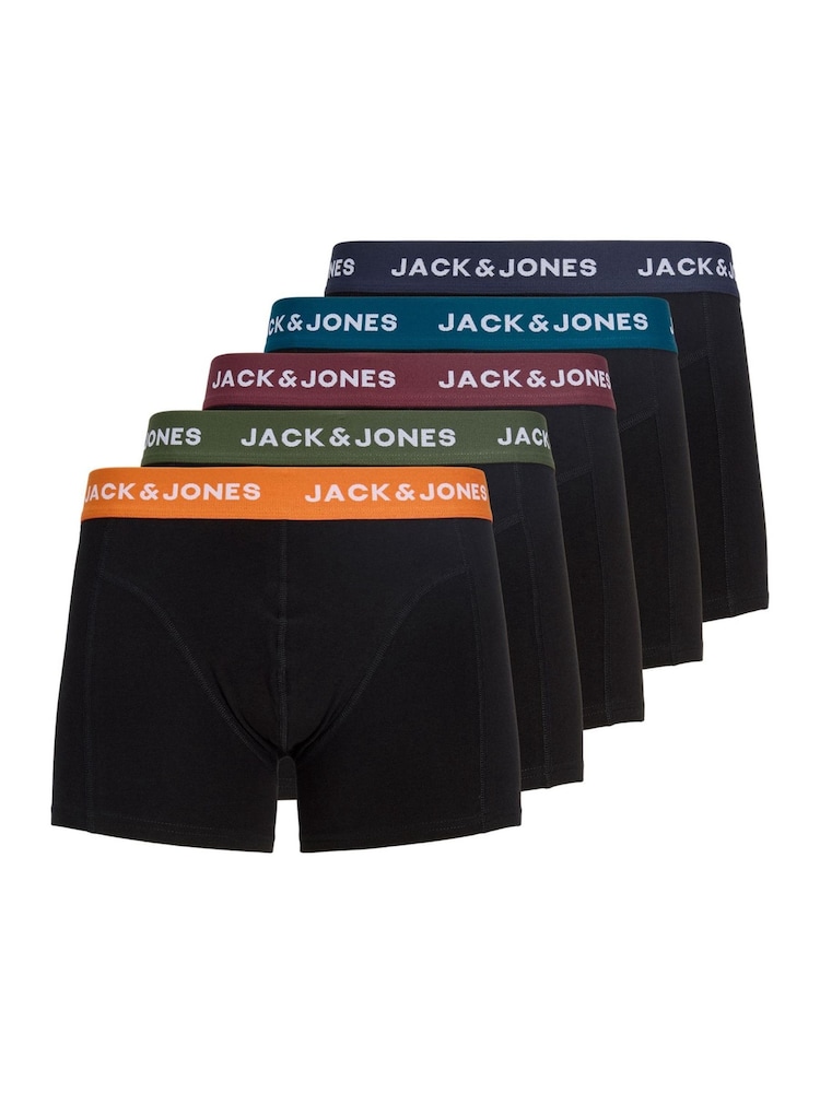 JACK & JONES Black Trunks with Coloured Waistband 5 Pack - Image 1 of 7 JACK & JONES Black Trunks with Coloured Waistband 5 Pack - Image 1 of 7