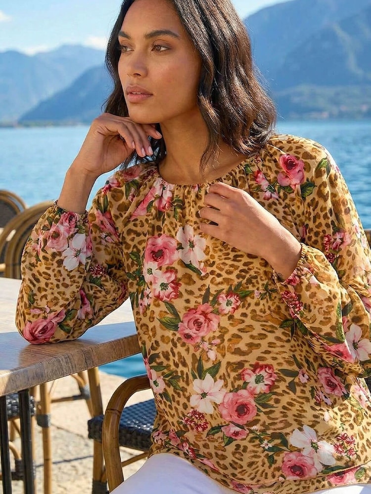 Roman Brown Animal Floral Print Tunic Top - Image 1 of 4
