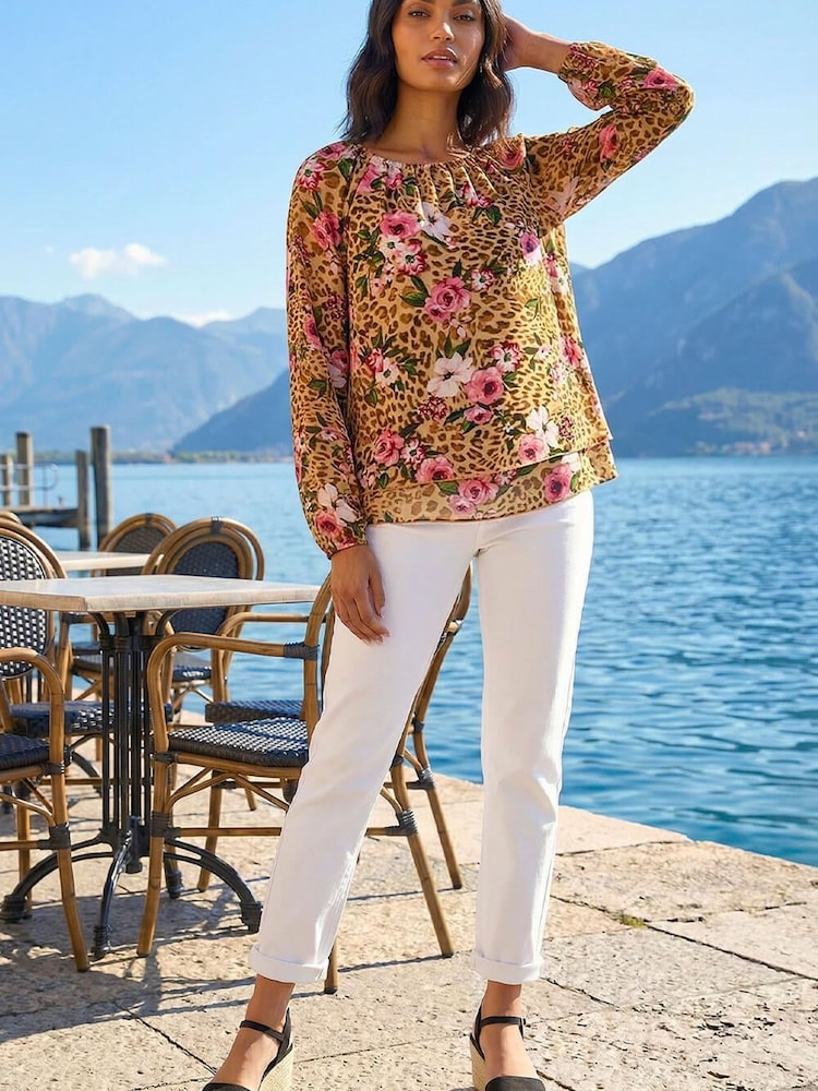 Roman Brown Animal Floral Print Tunic Top - Image 2 of 4
