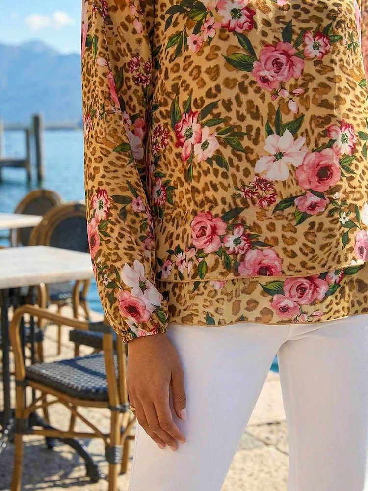 Roman Brown Animal Floral Print Tunic Top - Image 4 of 4