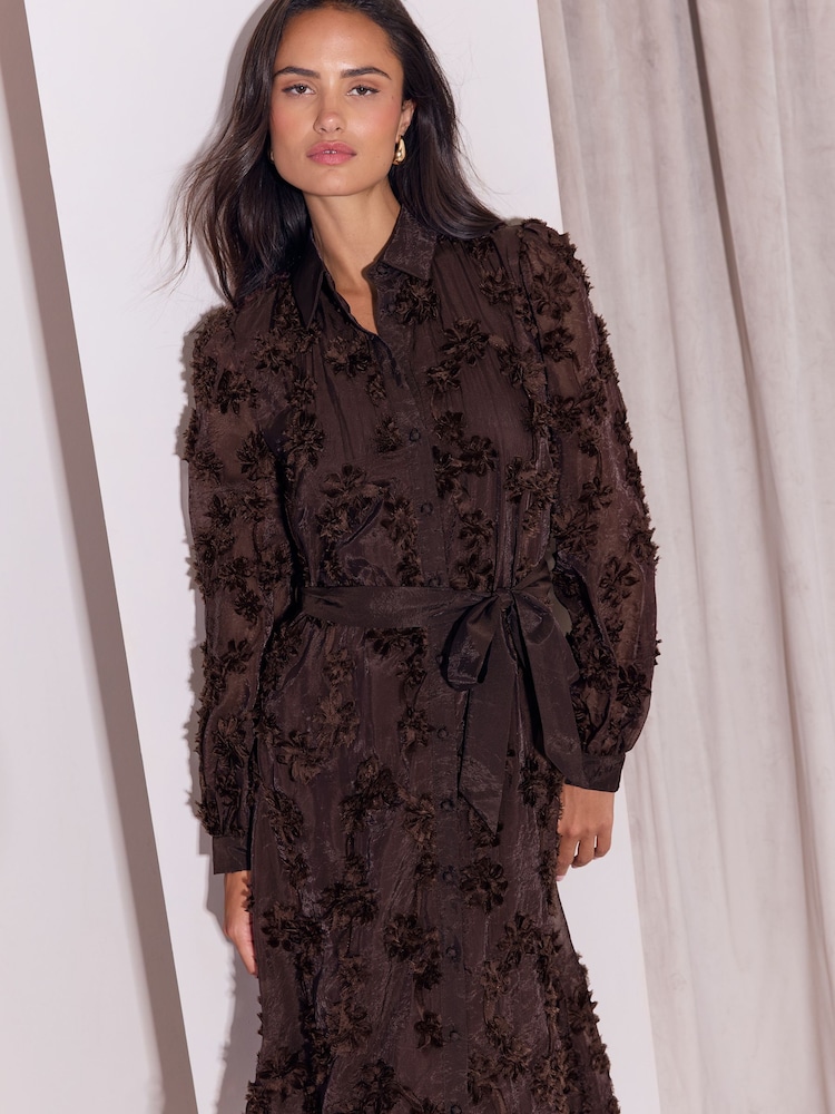 Lipsy Chocolate Brown Petite Long Sleeve Floral 3D Texture Fit And Flare Shirt Dress - Image 2 of 5 Lipsy Chocolate Brown Petite Long Sleeve Floral 3D Texture Fit And Flare Shirt Dress - Image 2 of 5