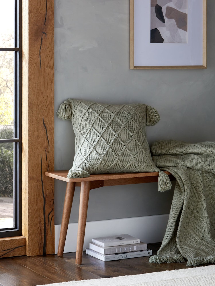 Sage Green Knitted Tassel Trim Cushion - Image 1 of 5