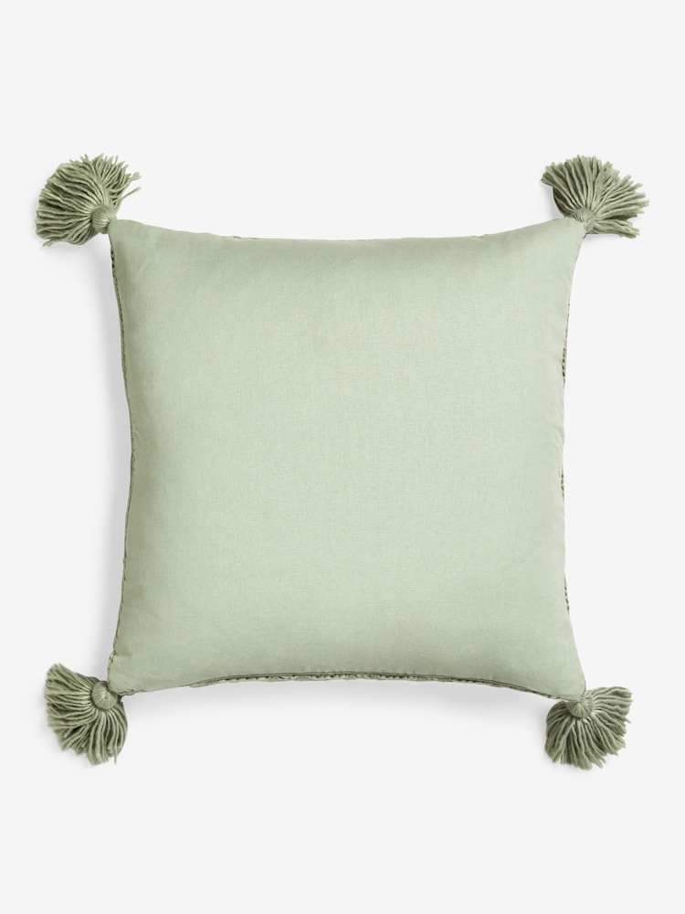 Sage Green Knitted Tassel Trim Cushion - Image 5 of 5