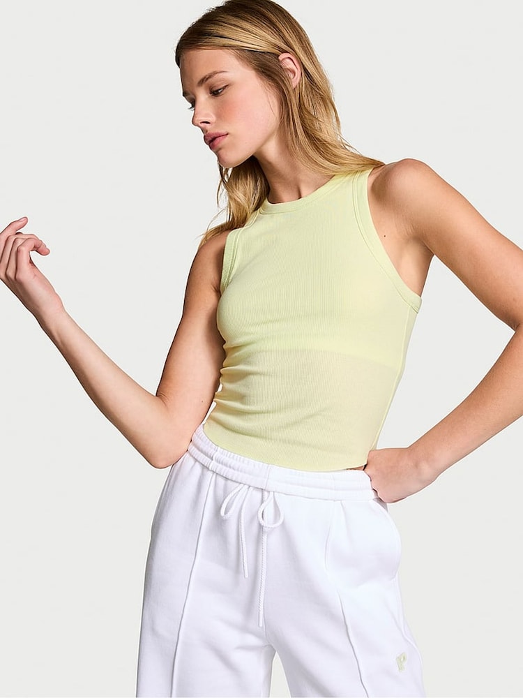 Victoria's Secret PINK Lime Cream Green High Neck Shrunken Rib Tank Top - Image 1 of 2 Victoria's Secret PINK Lime Cream Green High Neck Shrunken Rib Tank Top - Image 1 of 2