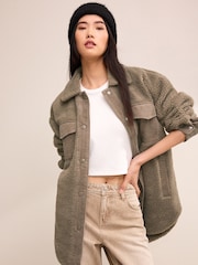 Taupe Brown Borg Fleece Corduroy Pocket Detail Teddy Jacket - Image 1 of 5